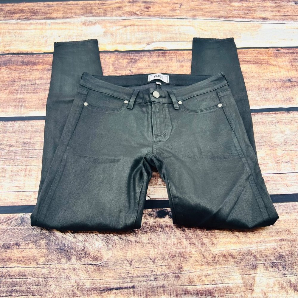 Paige Women Verdugo Ultra Skinny Jeans Black Silk Wax Coating Size 29 Mid Rise - Picture 2 of 8